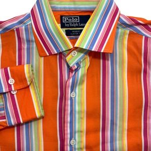 Polo Ralph Lauren Vintage Regent Classic Fit Striped Orange Shirt Med. 15.5